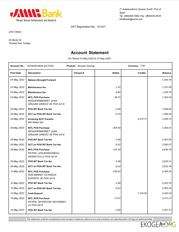 Modèle Word et PDF de relevé bancaire JMMB Espagne, 2 pages